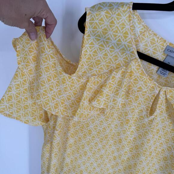 Catherines top 2x yellow shoulder cutout plus beachy spring summer casual office - Picture 3 of 5